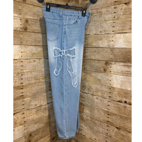 SHEIN HIGH RISE WIDE LEG DISTRESSED BOW DETAIL DESIGN CUTE EVERYDAY JEANS SZ. 26 - Picture 4 of 5
